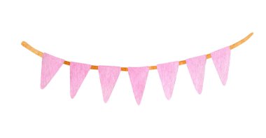 Watercolor party garland with triangle flags. Hand painted pink hanging Birthday decoration. Cute pastel colored flags with copy space isolated on white background. Happy Birthday clipart