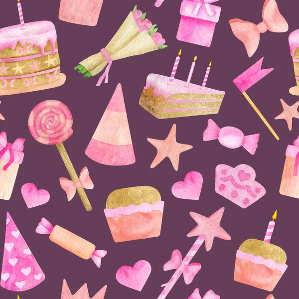 Watercolor girl birthday party seamless pattern. Hand drawn pink cake wth candles, party hat, candy, gift box, flower bouquet, lollipop, ribbon bow. Cute Happy Birthday design on dark background. — 图库照片