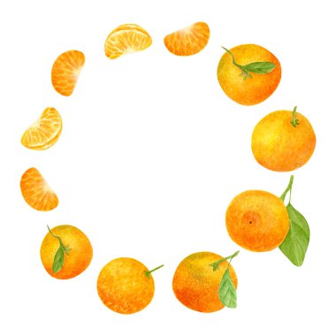 Mandalina rengi yuvarlak çerçeve. Portakallı, dilimli ve yapraklı el yapımı meyve çelengi. Pankart paketleme şablonu, beyaz arkaplanda izole edilmiş kartlar.