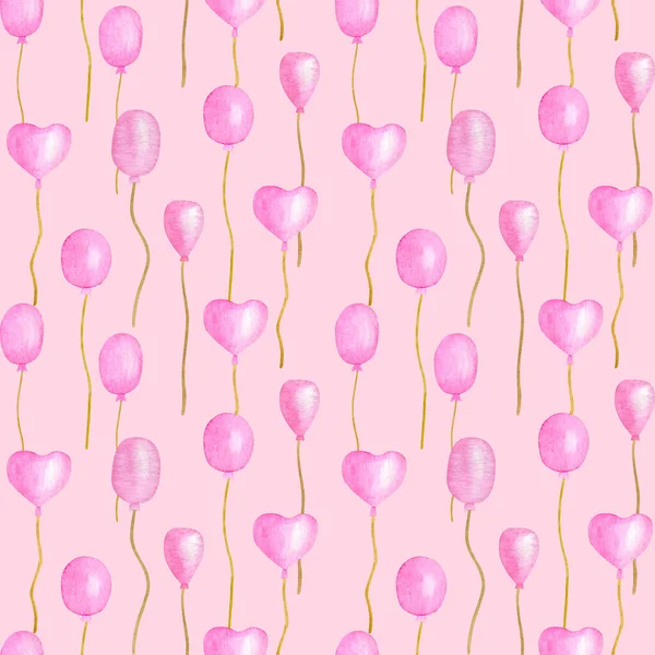 Modello senza cuciture acquerello con palloncini rosa. Palloncini d'aria carino disegnato a mano per i bambini, bambina Festa di compleanno, matrimonio, San Valentino. Partito disegno ripetuto su sfondo rosa pastello. — Foto Stock