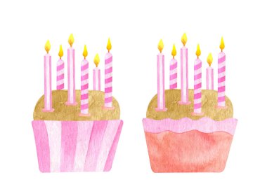 Cute Birthday cupcakes with six candles. Hand painted watercolor biscuit cakes in pink baking cups. Party dessert ilustration isolated on white background. Baby girl 6th Birthday celebration cakes.