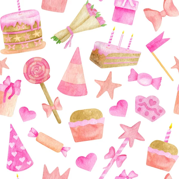 수채 색 아이들은 물감없는 패턴으로 파티를 합니다. 손으로 그린 귀여운 분홍색 디자인은 케이크 막대 촛불, 파티 모자, 캔디, 선물 상자, 꽃다발, 깃발, 롤리팝, 리본 활이었다. 생일 축하 해 여학생들을 위한 배경. — 스톡 사진