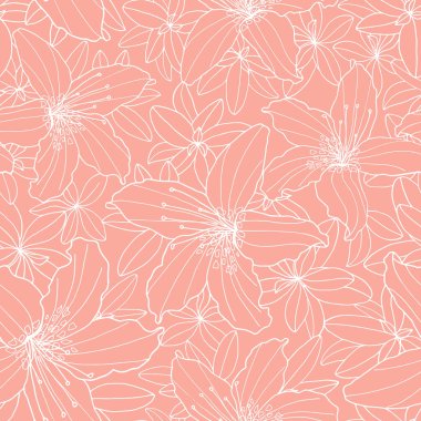 Çiçek taşıyıcısının hatları pürüzsüz. Pembe arka planda beyaz çiçek hatları. El çizimi Rododendron ve Lily çiçek başlıkları tekstil, ambalaj, tebrik kartı, baskı, moda tasarımı.