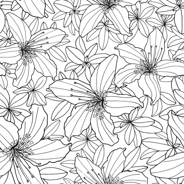 Zarys kwiatowy wektor bezszwowy wzór. Czarno-biały Rhododendron i kwiat Lily. Ręcznie rysowane kwiaty i liście tło konturu dla tekstyliów, kolorowanki, kartki okolicznościowe, nadruk, projekt mody. — Wektor stockowy