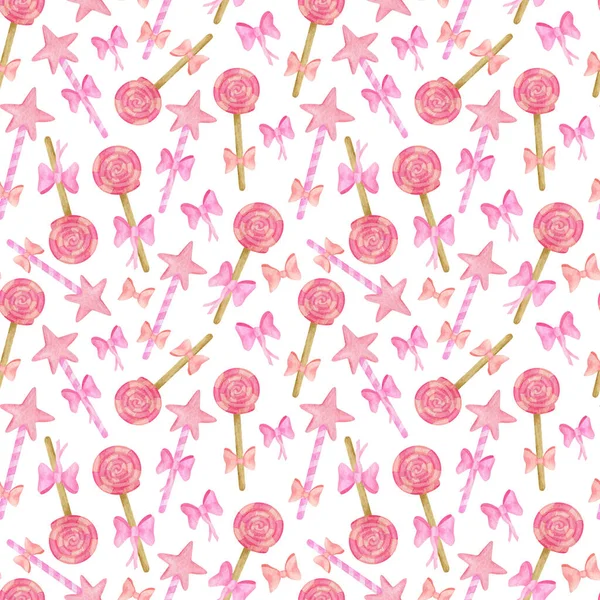 Watercolor Cute Lollipops Seamless Pattern Hand Painted Pink Star Shaped — Stock Photo, Image