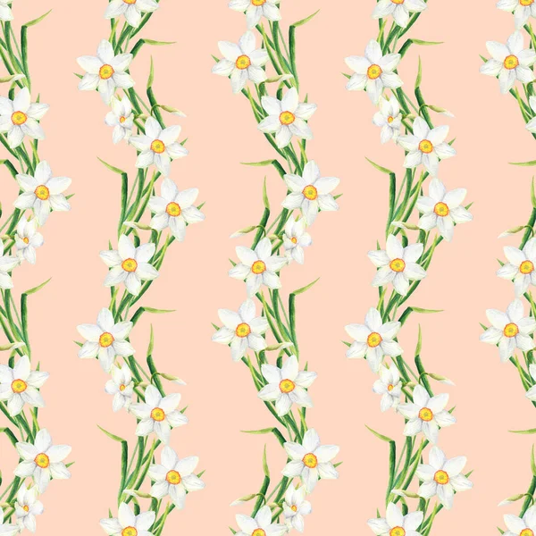 Watercolor Floral Seamless Pattern Narcissus Flowers Hand Painted White Daffodils — 스톡 사진