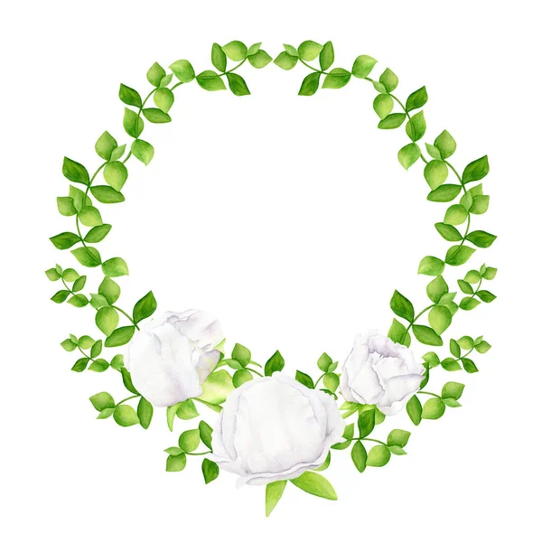 Aquarel Bloemenkrans Met Hand Geschilderde Pioenen Groene Bladeren Geïsoleerd Witte — Stockfoto