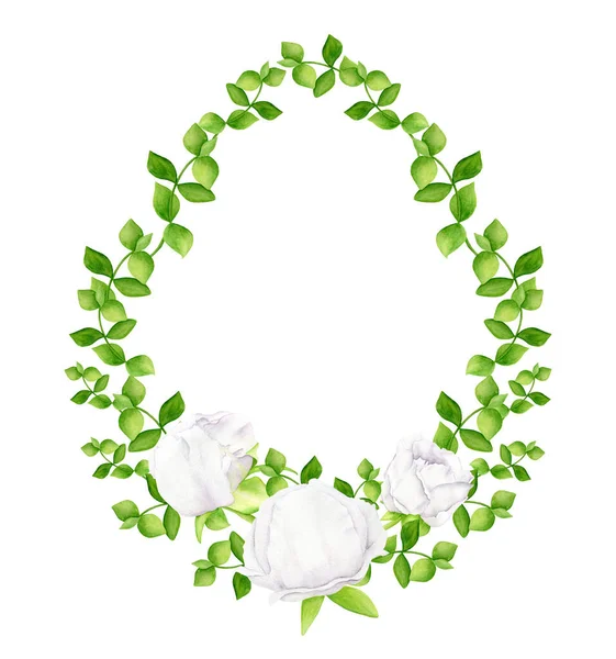 Akvarellkrans. Handmålade pioner och gröna blad isolerade på vit bakgrund. Vita blommor och grönska ram. Rund botanisk design för inbjudningar, spara datum, kort. — Stockfoto