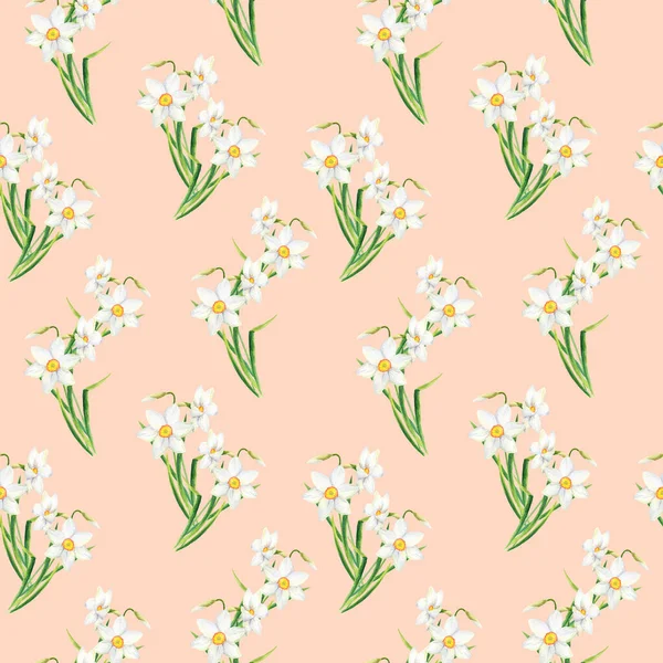 水色の花は水仙の花とシームレスなパターン。手でパステルピンクの背景に白い水仙を描いた。織物、生地、包装、スクラップブック、印刷のための春エレガントな女性的なデザイン. — ストック写真