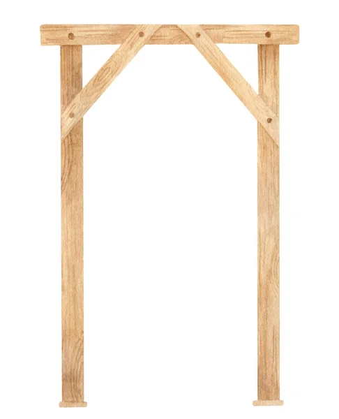 Акварель деревянная арка. Ручная рисованная свадебная арка с деревянной текстурой, изолированной на белом. Геометрическое оформление рамы, деревенский природный дизайн, богемный эко-декор. — стоковое фото