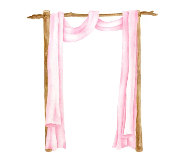 Watercolor rustic wedding arch with wood sticks decorated with pink curtains. Hand drawn wooden square archway isolated on white. Elegant veil drapery decoration, bohemian eco decor illustration. — Stock Photo, Image