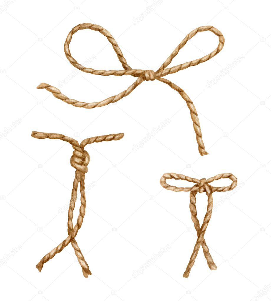 Watercolor rope bow knot. Hand drawn jute cord illustration. Set of natural burlap rope with tied bow decorations isolated on white background.