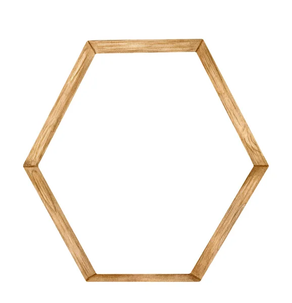 Акварель деревянная шестиугольная. Ручная рисованная свадебная арка с деревянной текстурой, изолированной на белом. Геометрическое оформление рамы, деревенский природный дизайн, иллюстрация эко-декора. — стоковое фото