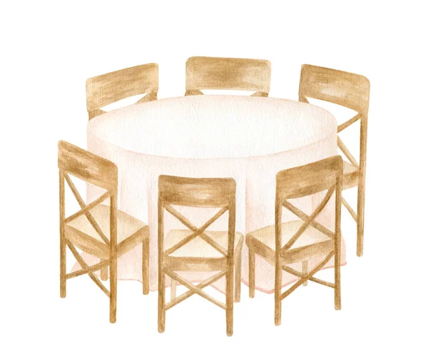 Akvarell bankett asztal fa székek elszigetelt fehér háttér. Kézzel húzott, üres kerek asztal rózsaszín lepedővel. Egyszerű elegáns design esküvői dekoráció, meghívók, étterem — Stock Fotó