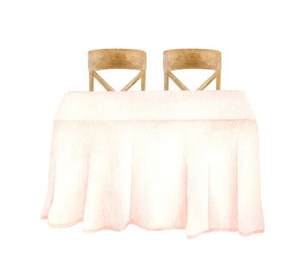 Mesa vestida de acuarela con sillas de madera. Mesa de boda sencilla dibujada a mano para recién casados con elegante mantel drapeado rosa aislado sobre fondo blanco. Ilustración para invitaciones, banquetes, decoración. —  Fotos de Stock