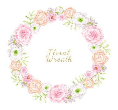 Suluboya çiçek çizimi. Elle çizilmiş yuvarlak çerçeve ve beyaza izole edilmiş şeftali çiçekleri. Düğün davetiyesi olarak pastel çiçek tomurcuklu botanik çelengi, tarihi, kartları, moda