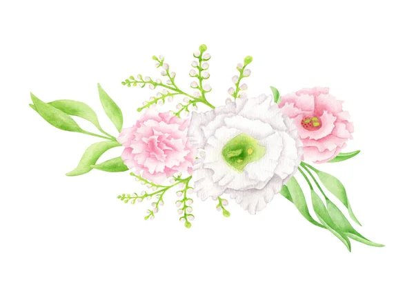 Watercolor flower bouquet illustration. Hand painted floral border arrangement isolated on white background. Elegant blush, white and pink flower heads with leaves for wedding invitations, cards
