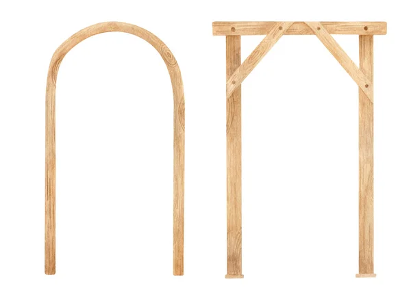 Акварельная деревянная квадратная и полукруглая арка. Свадебные арки ручной работы с деревянной текстурой, изолированные на белом. Геометрические рамки, деревенский природный дизайн, богемная эко-церемония украшения. — стоковое фото