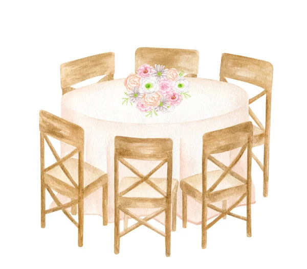 Akvarell runda bankett bord med trä stolar isolerade på vit bakgrund. Handdraget draperat bord med trasa och blombukett. Elegant design för bröllopsmottagning, restaurang, sittplatser diagram. — Stockfoto