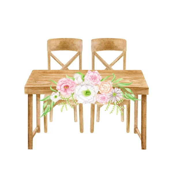 Akvarell huvud bord med blomsterarrangemang isolerad på vitt. Handmålat trä älsklingsbord, trästolar, blomsterdekoration. Rustik bröllop mottagning inredning skiss illustration. — Stockfoto