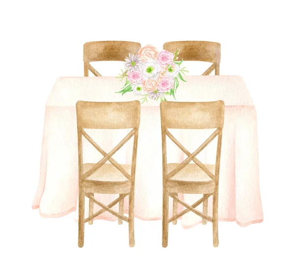 Akvarell bröllop gäst bord med elegant blomma bukett isolerad på vitt. Handritat draperat bord, trästolar, blomsterdekoration. Bröllopsskiss, galamiddag, lyxrestaurang lunch. — Stockfoto