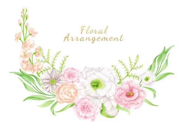 Στεφάνι από λουλούδια ακουαρέλας. Χειροποίητο μπουκέτο λουλουδιών σε λευκό φόντο. Βοτανική ρύθμιση. Κομψή σύνθεση με παστέλ μπουμπούκια λουλουδιών για προσκλήσεις γάμου, εκτός από την ημερομηνία, κάρτες. — Φωτογραφία Αρχείου