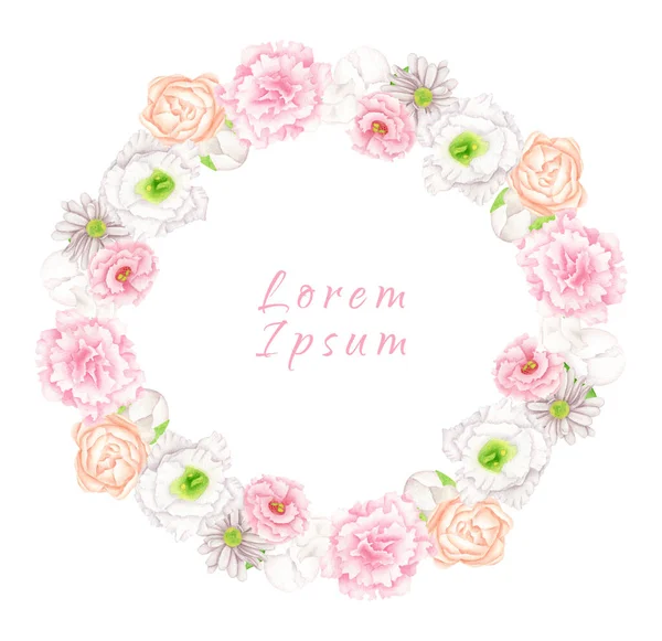 Aquarel bloemenkrans. Handgetekend rond frame met blush en perzik bloemen geïsoleerd op wit. Botanische illustratie met pastel bloemknoppen voor bruiloft uitnodiging, sla de datum, kaarten, mode. — Stockfoto