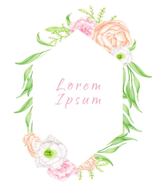 Floral border frame. Hand drawn watercolor hexagon frame with blush flowers and leaves isolated on white. Geometric template, elegant flower buds and greenery for wedding invitations, save the date. — Stok fotoğraf