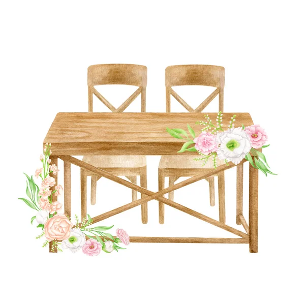 Wood wedding table with flower arrangement isolated on white. Hand drawn watercolor sweetheart table with floral decoration. Rustic wedding reception sketch, natural decor illustration.