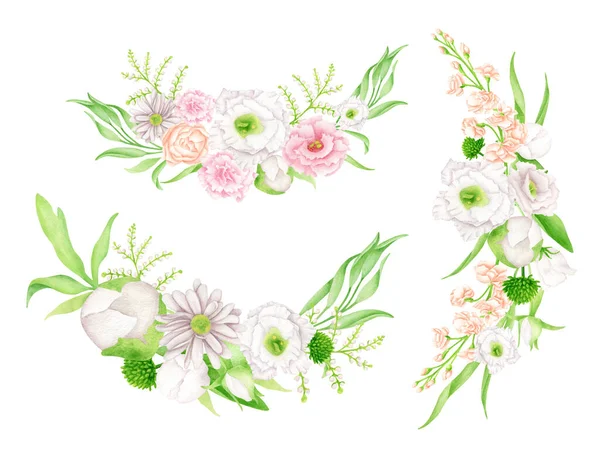 Acquerello fiori e verde disposizione set. Bouquets dipinti a mano isolati su bianco. Disegno botanico. Composizioni floreali con rossore pallido e fiori bianchi per inviti di nozze, biglietti da visita. — Foto Stock