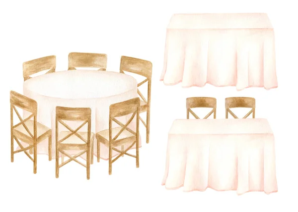 Akvarell bankett asztalok illusztráció készlet. Kézzel rajzolt kerek, téglalap alakú asztalok pasztell terítővel és fehér alapon elszigetelt fa székekkel. Elegáns tervrajz. Esküvői fogadás, gálavacsora. — Stock Fotó