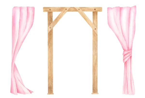 Watercolor wooden square arch with pink curtains. Hand drawn wedding arch with wood texture isolated on white. Elegant veil drapery decoration, rustic natural design, bohemian eco decor illustration. — Stock Photo, Image