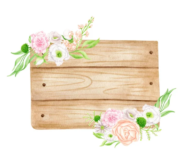 Segno Legno Acquerello Con Fiori Delicati Foglie Tavola Legno Trafilato — Foto Stock