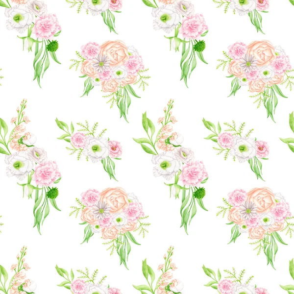 Watercolor Floral Seamless Pattern Elegant Bouquets Isolated White Blush Flowers — ストック写真