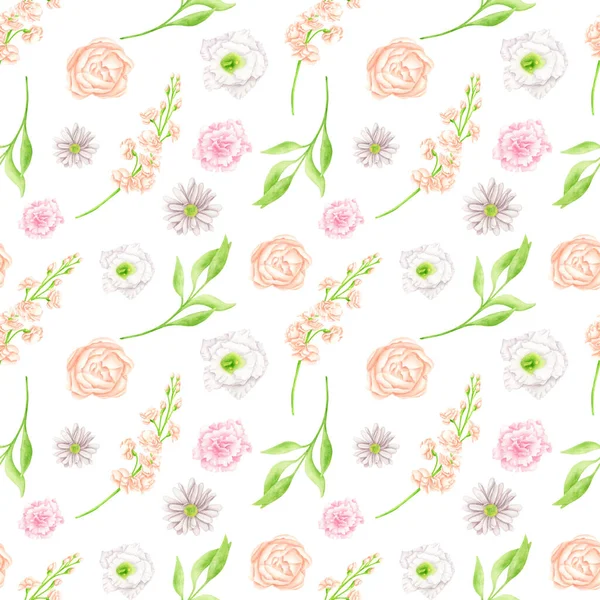 Floral Seamless Pattern Watercolor Flowers Leaves Delicate Blush White Flower — Stock Photo, Image