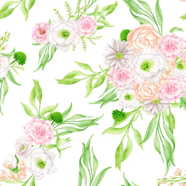 Watercolor Floral Seamless Pattern Lush Greenery Delicate Blush White Peach — Stock Photo, Image