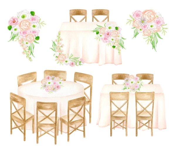 Ensemble Illustration Réception Mariage Bouquets Fleurs Aquarelle Table Tête Tables — Photo