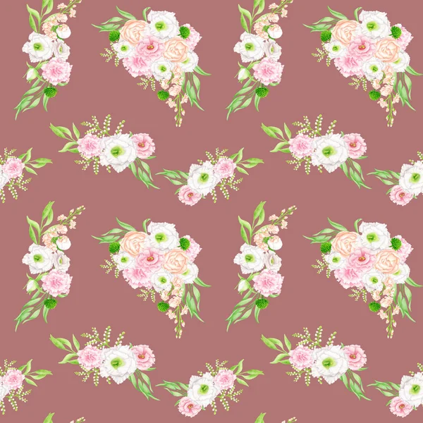 Watercolor Floral Seamless Pattern Beautiful Bouquets Burgundy Background Blush White — Stock Photo, Image
