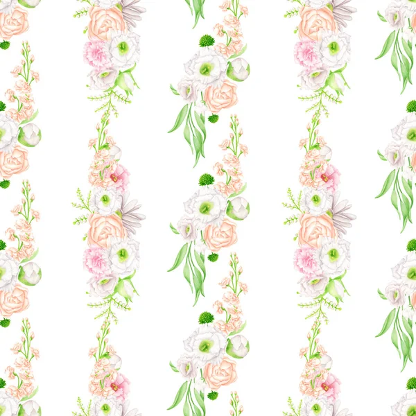 水彩の花のシームレスなパターン 手を垂直植物タイルを描いた 白を基調としたエレガントな花束 ラッピング スクラップブック ファブリック ファッションのためのブラシの花の繰り返し背景 — ストック写真