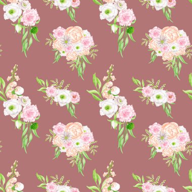 Çiçeksiz suluboya desen. Burgundy arka planında zarif buketler. Kırmızı ve beyaz çiçekler, kumaşlar, tekstil, duvar kâğıdı, ambalaj kağıdı, hatıra defteri, kartlar için tekrarlanan baskılar.