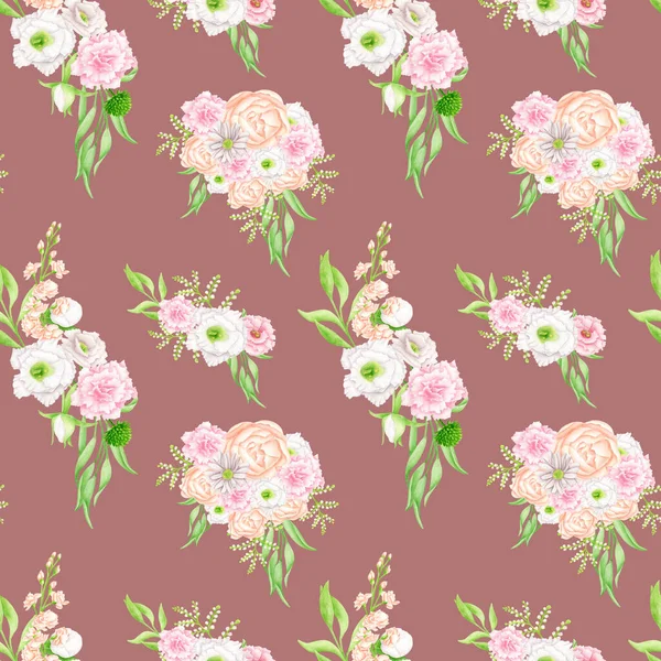 Watercolor Floral Seamless Pattern Elegant Bouquets Burgundy Background Blush White — Stock Photo, Image