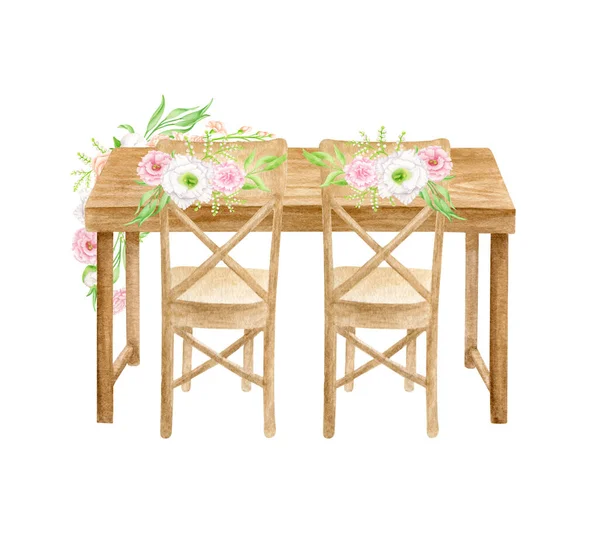 水彩画婚宴桌上有插花背景图 手绘木桌 花卉装饰 在白色上孤立的乡村婚宴装饰草图 — 图库照片