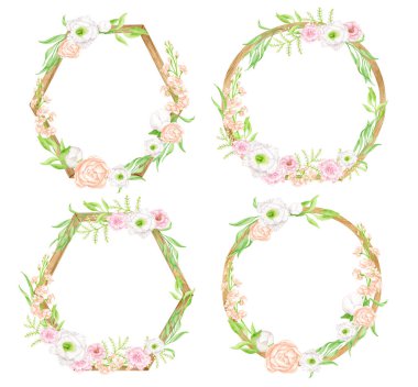 Çiçekli suluboya çerçeveler ayarlandı. El çizimi geometrik yuvarlak ve beyaza izole edilmiş yeşillik ve çiçeklerle altıgen düzenleme. Kırsal ahşap süsleme, düğün davetiyeleri için botanik kompozisyon