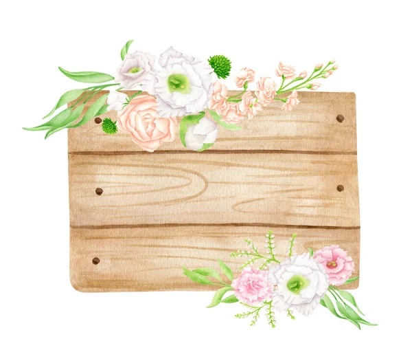 Segno Legno Acquerello Decorato Con Fiori Foglie Tavola Legno Dipinta — Foto Stock