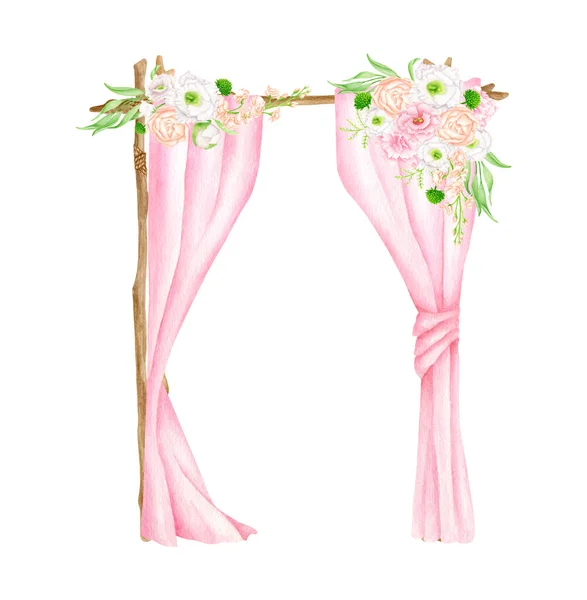 Arc Mariage Carré Aquarelle Avec Des Fleurs Arc Bois Dessiné — Photo