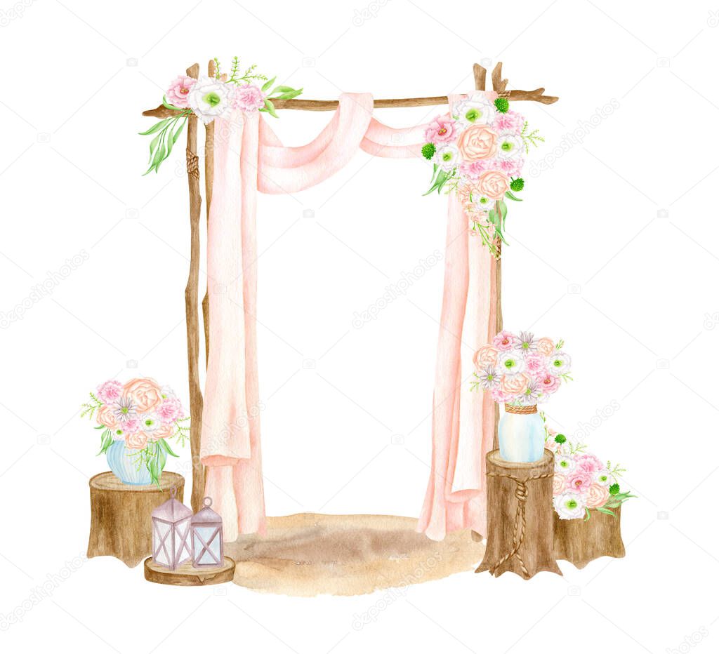 Watercolor boho wedding arch illustration. Hand painted isolated wood archway with curtains, lanterns, flowers and bouquets on stumps. Wedding ceremony design sketch, rustic decor for invitation.