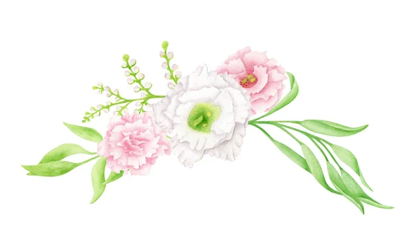 Acquerello bouquet di fiori illustrazione. Disposizione del bordo floreale disegnato a mano isolato su sfondo bianco. Eleganti blush, fioriere bianche e rosa con foglie per inviti nuziali, biglietti. — Foto Stock