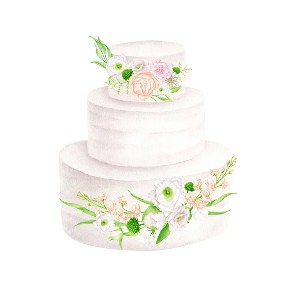 Watercolor wedding cake with flowers illustration. Hand drawn 3 tiered white cream dessert isolated on white. Clipart for invitations, menu, restaurant, shop and bakery logo. — Stock Photo, Image