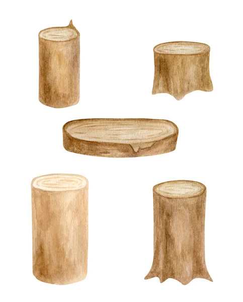 Υδρόχρωμα ξύλινα κούτσουρα που. Δέντρα ζωγραφισμένα στο χέρι, ξύλινη φέτα που απομονώνεται στο λευκό. Ρουστίκ διακόσμηση, φυσικό οικολογικό στυλ σχεδιασμού. — Φωτογραφία Αρχείου