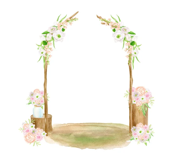 Aquarell Hochzeitsbogenszene. Handgezeichnete isolierte Holzbögen mit Blumen und Sträußen auf Stümpfen. Designskizze für die Hochzeitszeremonie, rustikales Dekor für die Einladung. — Stockfoto